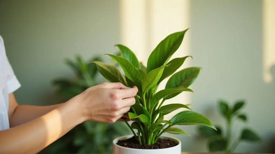 A person gently checking the leaves of a leafy potted plant